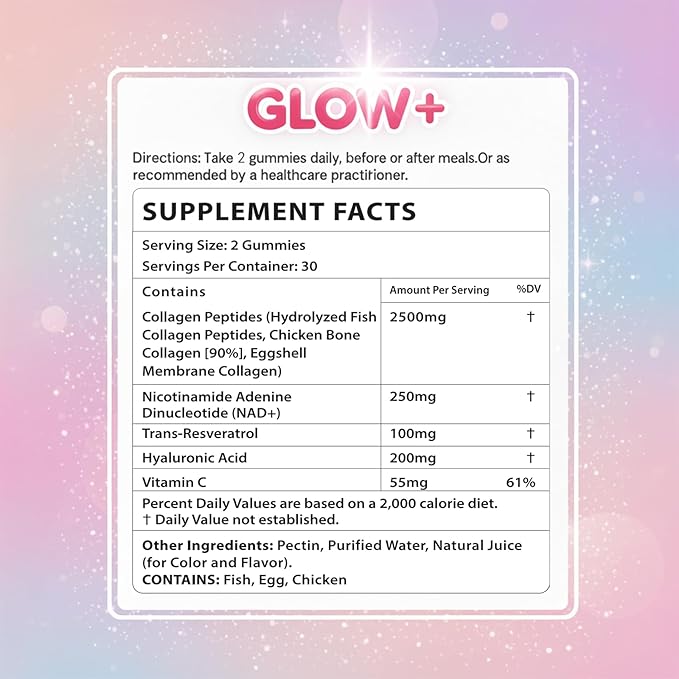 Jovi Nutrition Glow+ NAD+ &amp Collagen GummiesMulti-Type Hydrolyzed Collagen Peptides with Resveratrol Hyaluronic Acid Vitamin C &amp E Skin Hair &amp Nail Nutritional Support