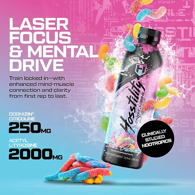 HOSSTILE Hosstility RTD Pre-Workout – Ready to Drink Pre Workout for Energy Focus Pump &amp Hydration All-in-One Formula for Performance Sour Gummy 12 Servings