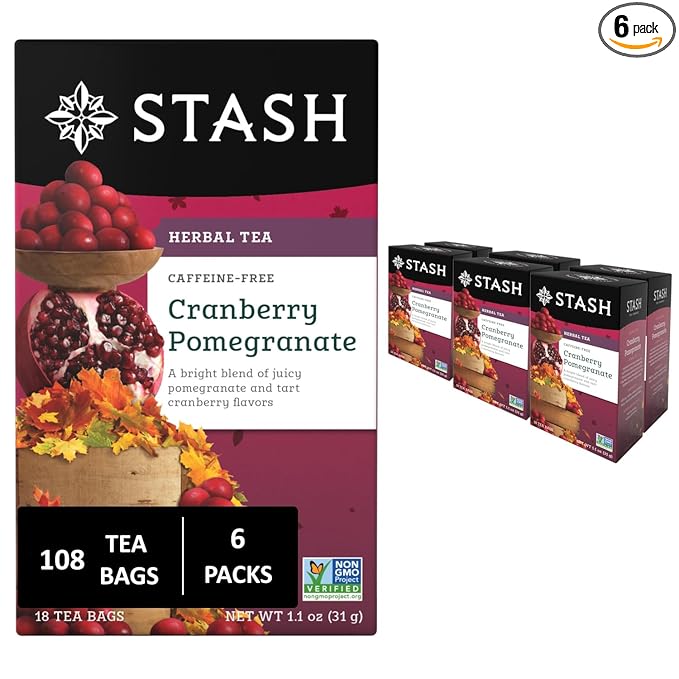Stash Tea Cranberry Pomegranate Herbal Tea - Caffeine Free Non-GMO Project Verified Premium Tea with No Artificial Ingredients 18 Count (Pack of 6) - 108 Bags Total