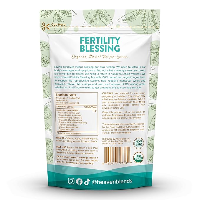 Heaven Blends Fertility Blessing Tea for Women – Red Raspberry Leaf Peppermint Chaste Tree Berry (Vitex) Red Clover Nettle &amp Licorice – USDA Organic Caffeine-Free Sugar-Free 30 Sachets