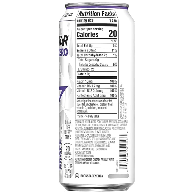 Rockstar Pure Zero Energy Drink - Grape - 16fl.oz.(Pack of 16)