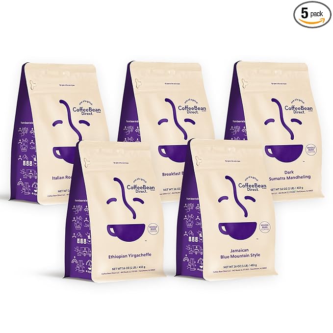 Coffee Bean Direct Best Sellers Coffee Variety Bundle Whole Bean 1 Pound Bags (Pack of 5)