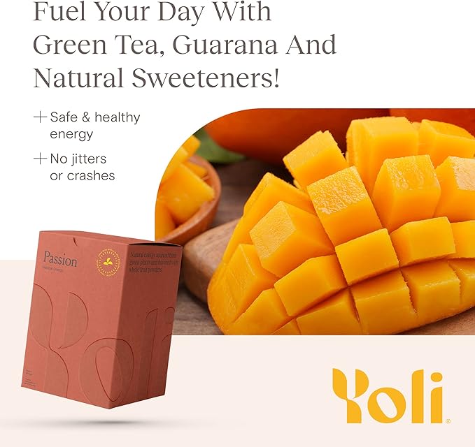 Yoli Passion Energy Drink Powder Mix - Natural Energy Drink Mix for Endurance and Stamina Bulk 90 Servings - Peach Mango