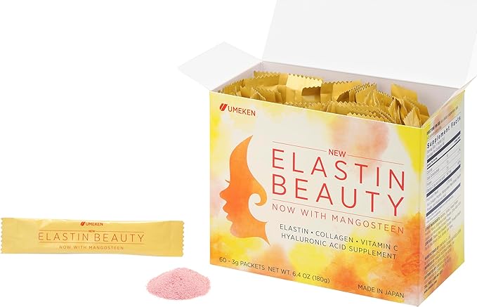 Umeken Elastin Beauty Powder Supplement with Collagen Peptides Hyaluronic Acid Vitamin C and Mangosteen Fruit Women’s Health and Wellness 1 Month Supply 60 Packets