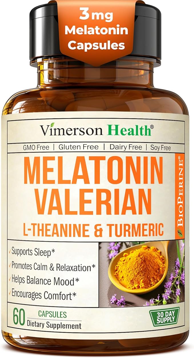 Melatonin 3mg Sleep Aid with L-Theanine &amp Valerian Root – Turmeric Curcumin Supplement with Ginger &amp Black Pepper – Organic Turmeric Supplement for Sleep Calm and Stress Relief Support – 60 C