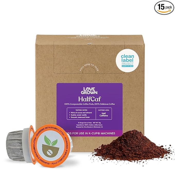 Love Grown Plastic-Free Coffee Pods 100% Arabica Single-Serve Cups Compostable Non-GMO - Compatible with Keurig Coffee Pods Machines and K-Cup Brewers Half-Caf Flavor Box of 15