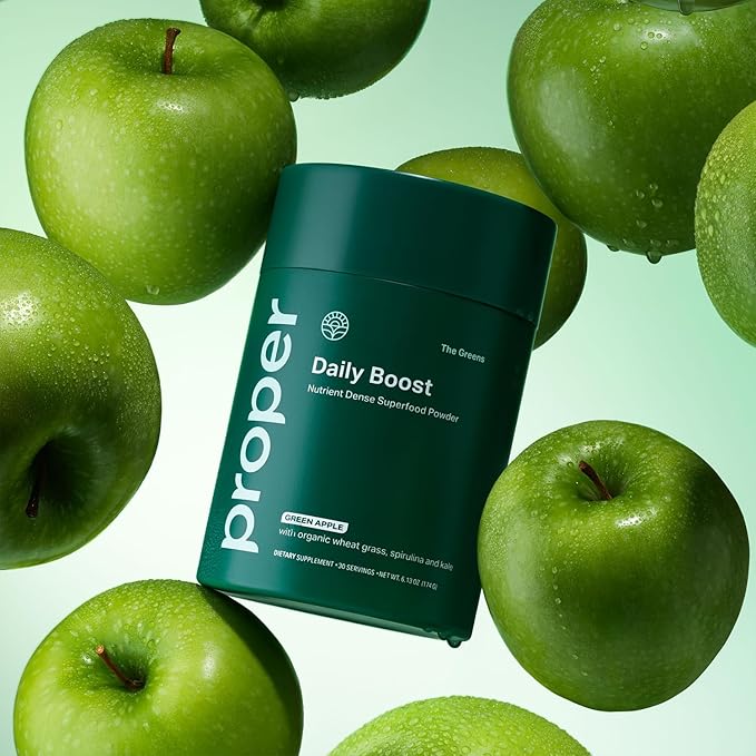 Proper The Greens Daily Boost Organic Greens Powder. Whole Food Apple Flavour Veggie Powder Superfood with Wheatgrass Spirulina Chlorella Probiotics. Daily Drink Mix for Wellness and Digestion
