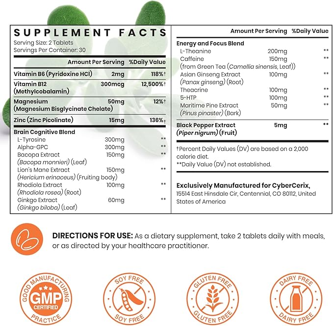 17-in-1 Brain Supplements for Memory and Focus - Nootropic Formula for Concentration Clarity Energy &amp Focus - Natural Caffeine Blend with Vitamins Amino Acids &amp Herbal Extracts - 120 Tablet