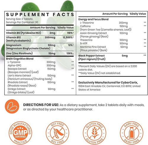 17-in-1 Brain Supplements for Memory and Focus - Nootropic Formula for Concentration Clarity Energy &amp Focus - Natural Caffeine Blend with Vitamins Amino Acids &amp Herbal Extracts - 120 Tablet