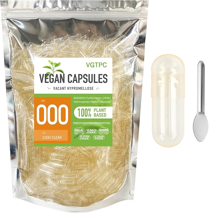Size 000 Empty Vegetarian Capsules (1000 Count) Vegan Clear Fillable Veggie Pill Capsules for DIY Supplement Filling