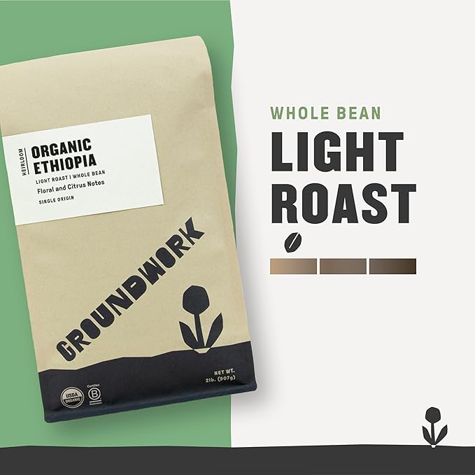 GROUNDWORK Ethiopia Heirloom Blend - Whole Bean Coffee Light Roast - Organic Single Origin Coffee - 2lb Bag