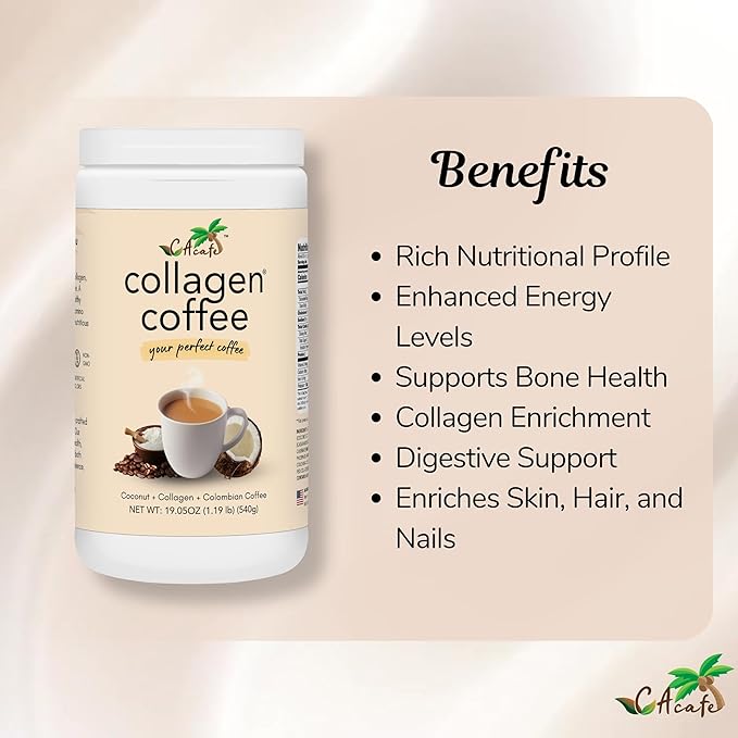 CAcafe Collagen Coffee | Coconut Infused Colombian Blend Coffee with Anti-Aging Collagen | Antioxidants &amp Natural Energy | 19.05oz