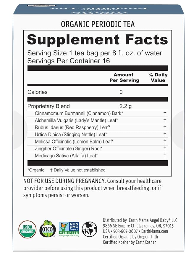 Earth Mama Organic Periodic Tea | Organic Herbal Support for Periods Postpartum &amp Perimenopause 16 Teabags Per Box