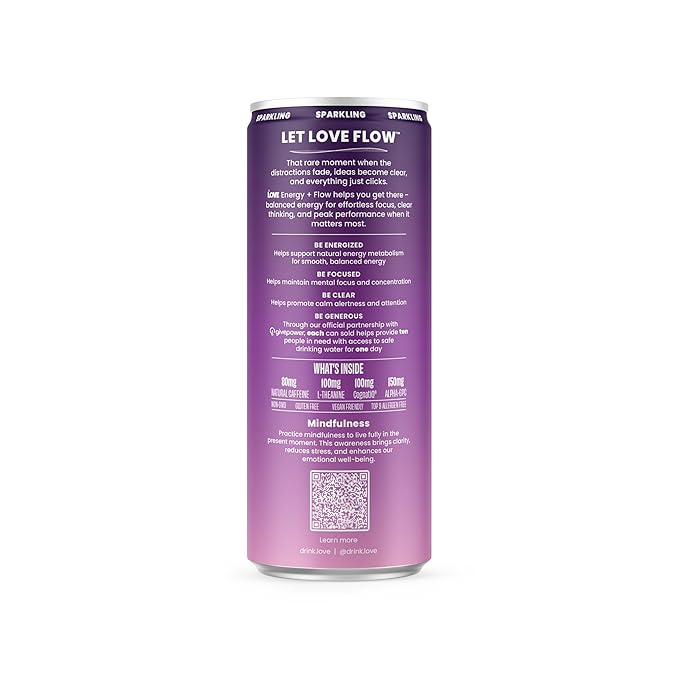 Be LOVE Energy + Flow – 80mg Natural Caffeine L-Theanine &amp Alpha-GPC for Clean Calm Focus – Zero Sugar Low Calorie 100% DV B-Vitamins – Non-GMO Vegan – 12 fl oz (Pack of 12) (Grape Awakening)