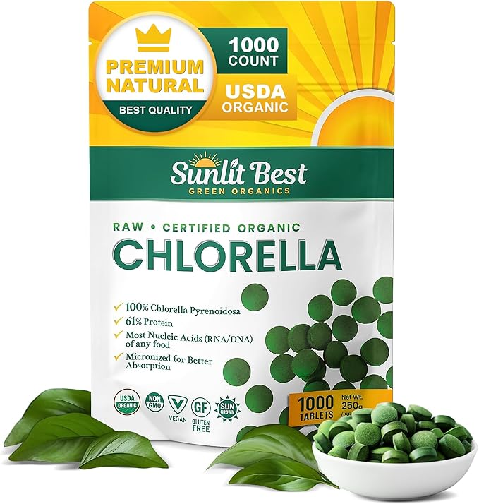 Sunlit Best USDA Organic Premium Chlorella Tablets 1000 Count | 100% Pure Chlorella Superfood Supplement High in Protein Chlorophyll Vitamins &amp Minerals | Supports Good Health Wellbeing