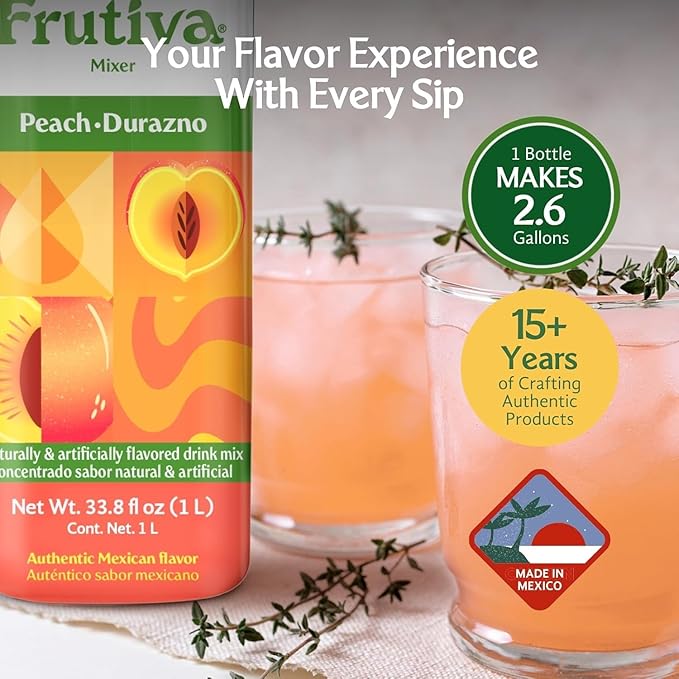 Frutiva Authentic Peach Drink Mix | Made in Mexico with Cane Sugar | Aguas Frescas Concentrate Makes 2.6 Gallons Per Bottle | No High Fructose Corn Syrup | Perfect for Drinks Desserts &amp More | 12