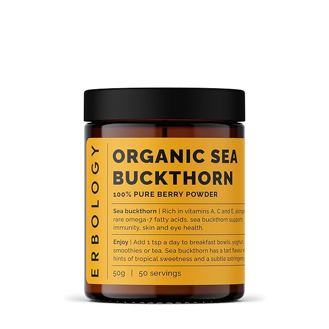 Erbology Organic Sea Buckthorn Powder 1.8 oz - 50 Servings - Skin Health and Immunity Support - Rich in Omega-7 (6.5%) Vitamin C and Vitamin A - Seeds Removed More Concentrated - Vegan - GMO-Free