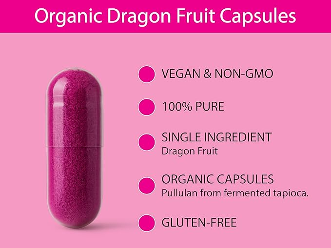 KOYAH - Organic Dragon Fruit Capsules – 600 mg Freeze-Dried Powder (Equals 3600 mg Fresh) – Whole-Food Vegan Non-GMO 60 Count