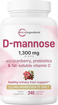Pure D Mannose 1300mg with Cranberry &amp Probiotics 240 Veggie Capsules | Urinary Tract Health for Women | Plus 1 Million CFU Probiotics Blend &amp High Absorption Vitamin C | Filler Free Non-GM
