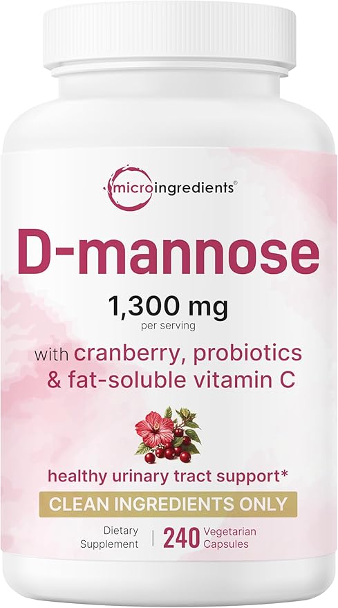 Pure D Mannose 1300mg with Cranberry &amp Probiotics 240 Veggie Capsules | Urinary Tract Health for Women | Plus 1 Million CFU Probiotics Blend &amp High Absorption Vitamin C | Filler Free Non-GM