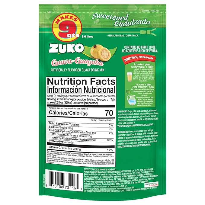 Zuko Guava Instant Powder Drink | Family Pack | No Sugar Needed | Vitamin C | 14.1 Ounce (Pack of 6)
