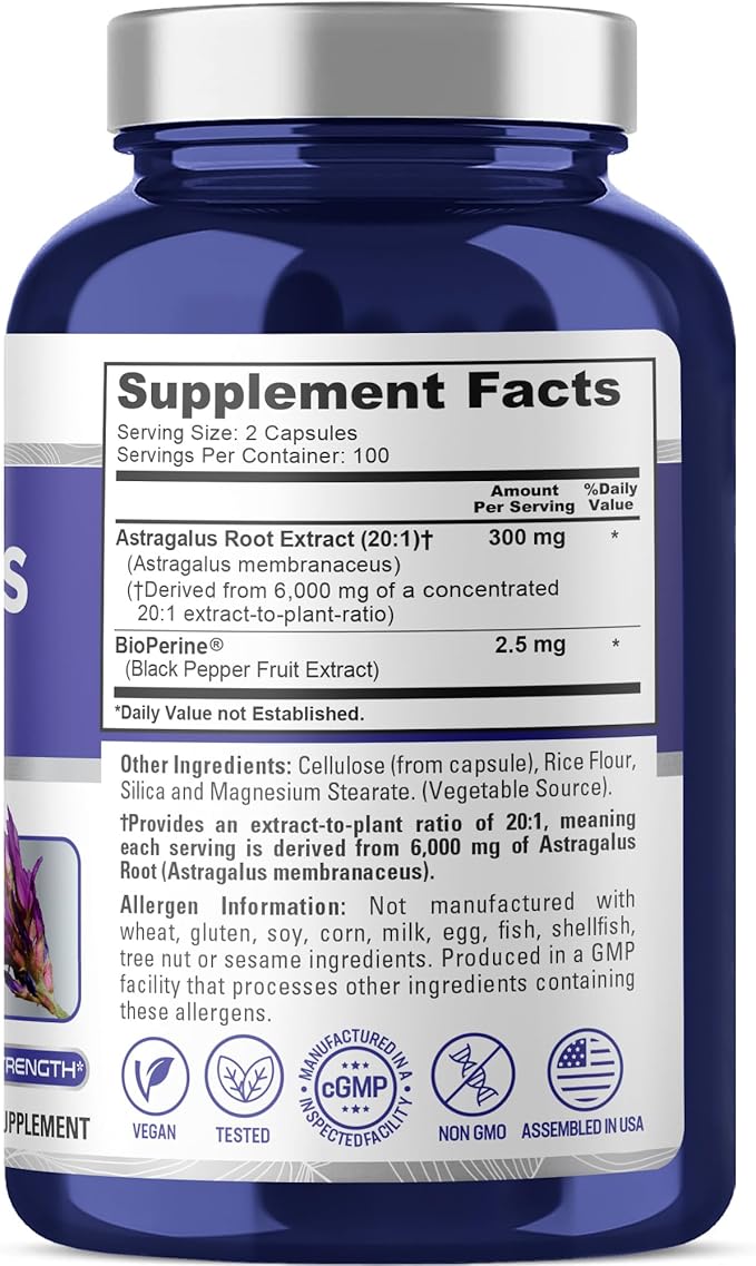 NusaPure Astragalus 20:1 Extract 300 mg Equivalent to 6000mg Per Serving 200 Veggie Capsules Vegan Non-GMO &amp Bioperine