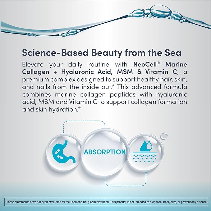 NeoCell Marine Collagen Peptides Powder | 7 oz | Unflavored Supplement | with Vitamin C and MSM | Plus Hyaluronic Acid | Prebiotic Fiber Beauty Blend | Hair Skin &amp Nails | for Women and Men