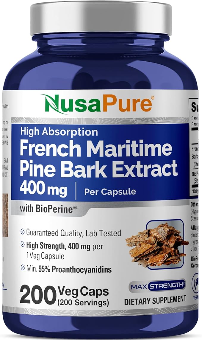 NusaPure French Maritime Pine Bark Extract 400mg per Veggie Caps 200-Day Supply Bioperine Non-GMO Vegan