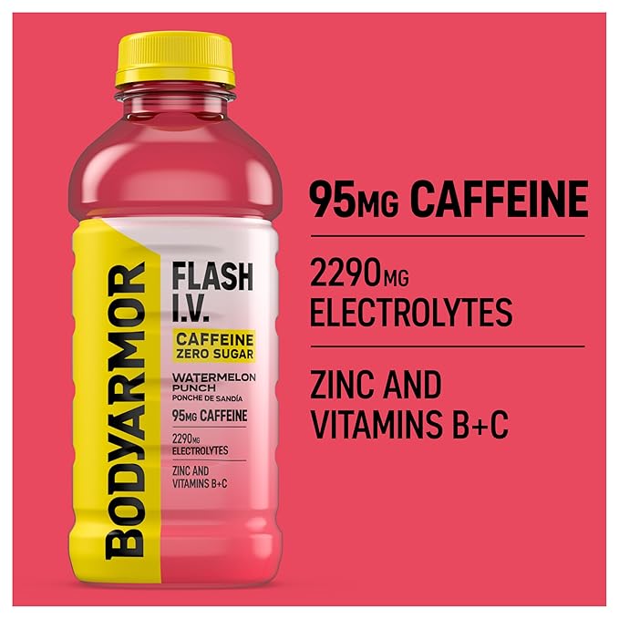BODYARMOR Flash I.V. Zero Sugar + Caffeine Watermelon Punch Electrolyte Beverage Hydration Drink For Rapid Rehydration Post Workout Recovery 20 Fl Oz (Pack of 12)