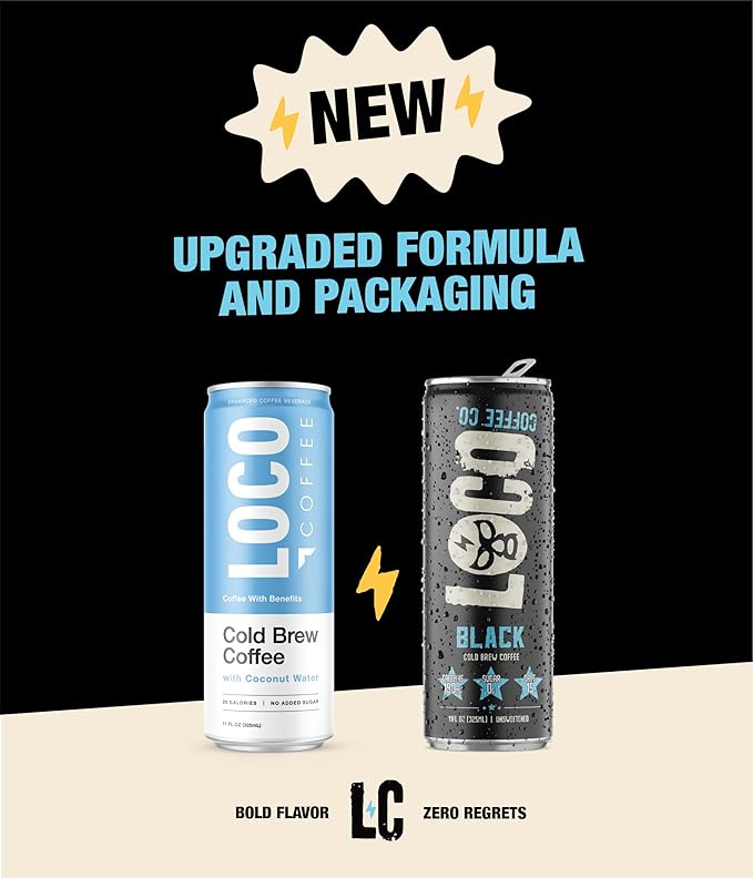 Loco Coffee Black Cold Brew 11 Ounce Can 12 Count | Zero Sugar 190mg Caffeine | Gluten Free and Dairy Free | Low Calorie Iced Coffee