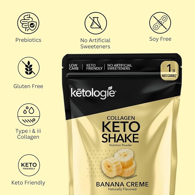 Keto Collagen Shake (Vanilla) - with Coconut Oil Prebiotics Grass Fed Hydrolyzed Collagen Peptides Type I &amp III Low Carb Gluten Free1.78lbs. (810g Banana Creme)