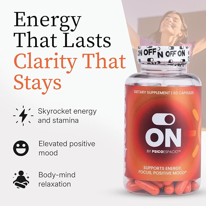ON by Psicóespacio Dietary Nutritional Supplement All day Energy Pills for Adults Natural Energy Supplement Supports Energy Focus and Positive Mood (60 count Pack of 1)