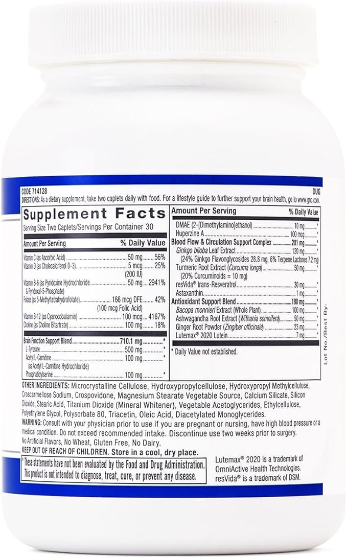 GNC Preventive Nutrition Brain Health Formula 60 Caplets Supports Memory Function and Enhances Circulation