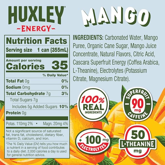 Huxley Superfruit Energy Drink Variety Pack 90mg Natural Caffeine Electrolytes for Hydration 100% Real Ingredients 5g Organic Cane Sugar No Artificial Sweeteners or Flavors L-theanine for Susta
