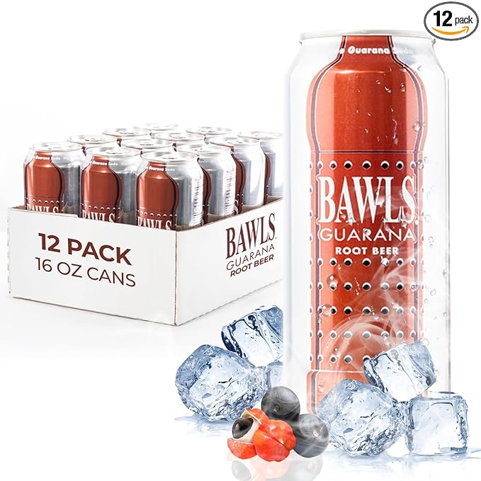 BAWLS Guarana Root Beer - Guarana Fueled Soda for Energy High Caffeinated Drink 12 Pack 16oz Cans
