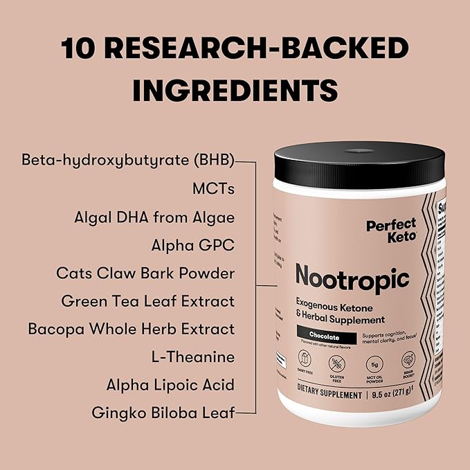 Perfect Keto Nootropic Brain Support Caffeine Free Focus and Energy Supplement with Alpha Lipoic Acid L Theanine Ginkgo Biloba Alpha GPC MCT's Collagen Ketones Chocolate Drink Mix 15 Servings