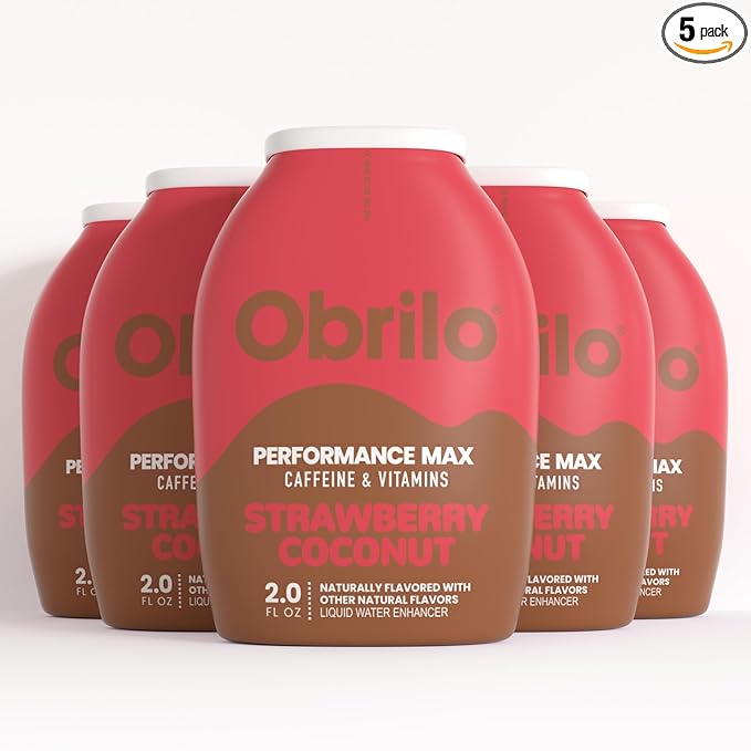 Obrilo Performance Energy Dye Free Water Enhancer - L-Theanine + Taurine + Vitamin Complex + Ginseng + Guarana Seed 2.0 Fl. Oz. x 5 Bottles (Strawberry Coconut)