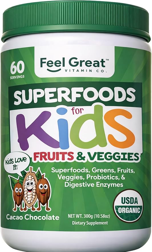 Feel Great USDA Organic Super Greens Powder for Kids - Cocao Chocolate | Fruit &amp Veggie Supplement | Superfood Powder with Probiotics &amp Digestive Enzymes for Digestive Health | 60 Days Supply