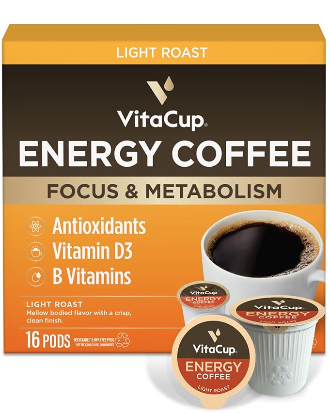 VitaCup Energy Light Roast Coffee Pods Boost Focus &amp Metabolism Antioxidants B Vitamins Crisp &amp Smooth100% Arabica Coffee Single Serve Pod Compatible with Keurig K-Cup Brewers16 Ct