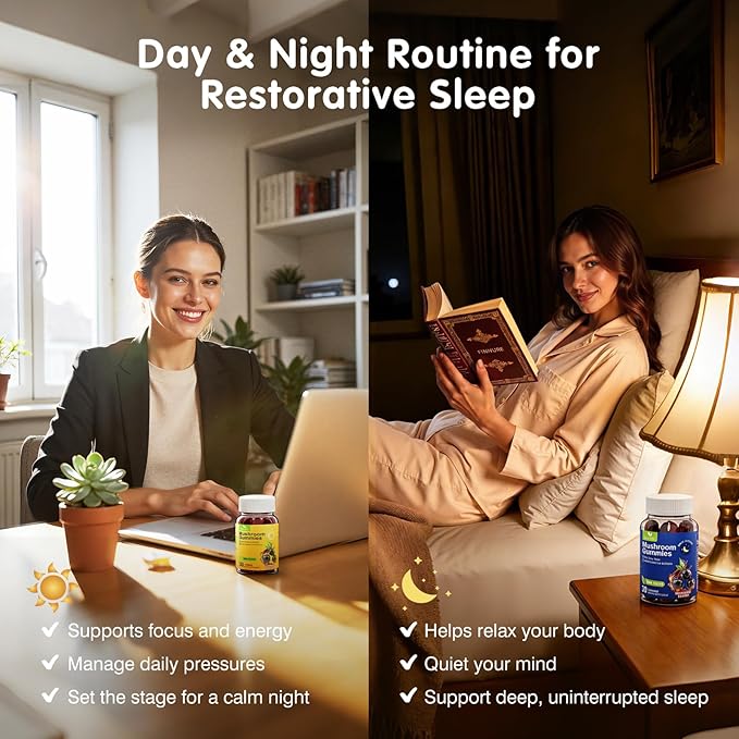 Mushroom Gummies Supplement for Sleep and Energy with Ashwagandha &amp Lion's Mane Day &amp Night RoutineElderberry Flavor No Sugar (30-Day Supply)