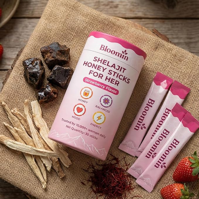 Bloomin Honey Sticks with Shilajit Shatavari &amp Saffron Strawberry Honey Supplement for Women Hormonal Balance Focus &amp Stamina Non-GMO 30 Sticks (Strawberry)