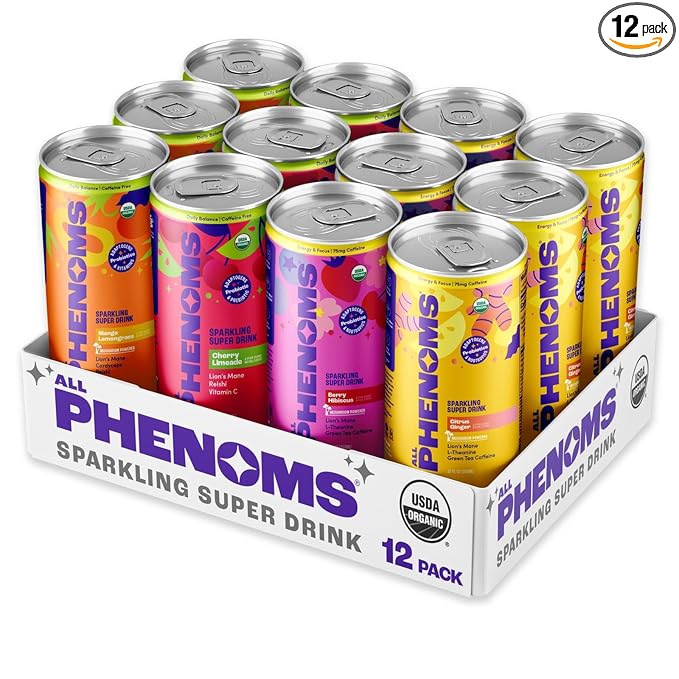 All Phenoms Sparkling Organic Prebiotic &amp Probiotic Drink - Adaptogen Mushroom Blend (Lions Mane &amp Reishi) L-Theanine Caffeine Fiber B12 C Zinc Gluconate (No Stevia) - Variety Pack 12 P