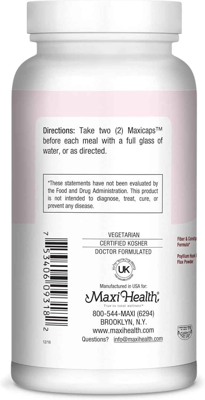 Maxi Health Fibermax Supreme – Fiber Capsules for Gentle Digestive and Gut Support – Vegetarian Psyllium Husk Capsules – Kosher Fiber Supplement for Men and Women (180 Count)