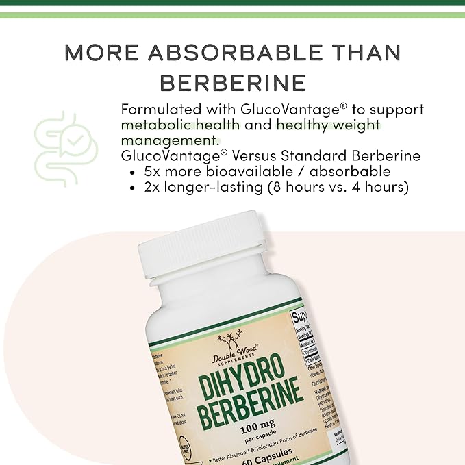 Dihydroberberine Supplement 100mg 60 Capsules (Patented GlucoVantage Super Berberine May be 5X More Effective Than Berberine with Less Side Effects) Third Party Tested Vegan Safe by Double Wood