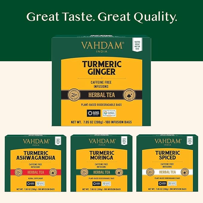 VAHDAM Organic Turmeric Ginger Herbal Tea Bags (100 Pyramid Tea Bags) Caffeine Free Non GMO | 100% Pure Herbal Blend - Savory &amp Spicy Plant-Based Teabags | Resealable Ziplock Pouch
