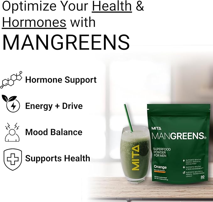 Man Greens Science Based Dosed Superfood Powder for Men with Tongkat Ali &amp KSM-66 Ashwagandha &amp More | Naturally Sweetened Greens &amp Adaptogen Supplement | Orange Flavor | 30 Servings