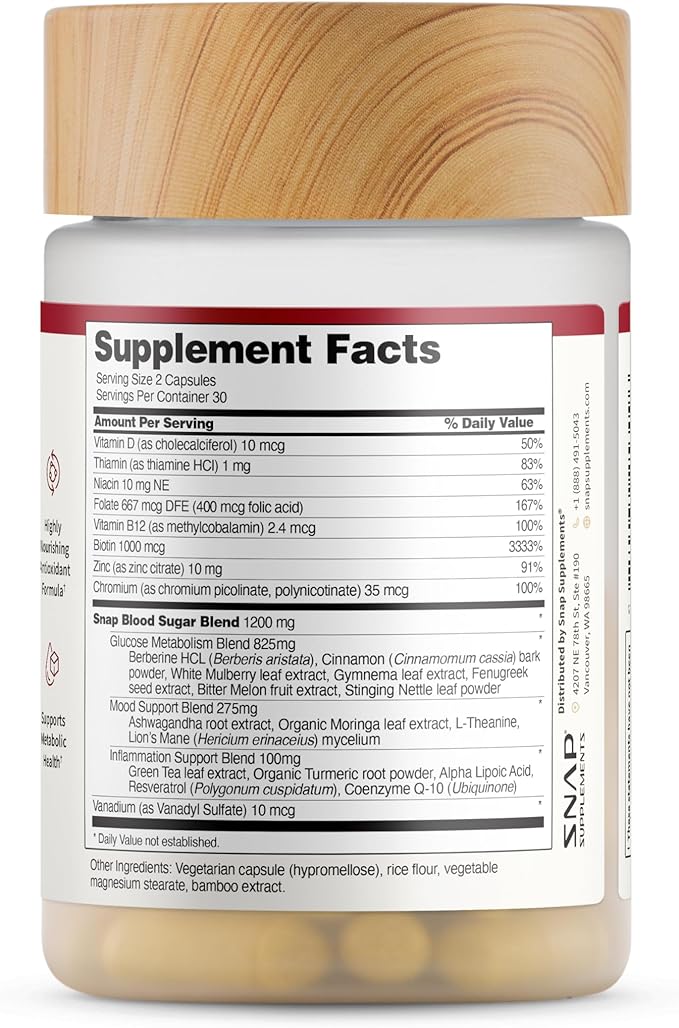 Snap Supplements Blood Sugar Blend with Berberine CoQ10 Cinnamon and Gymnema to Support Already Healthy Blood Sugar Metabolic Health and Energy Sugar Free 60 Capsules (Packaging May Vary)