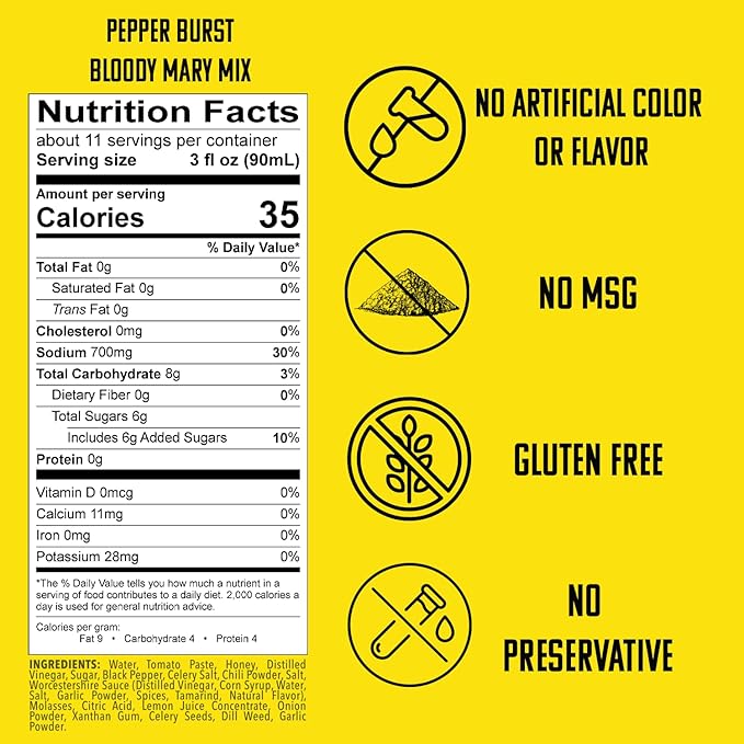 SPOOKY - Pepper Burst Bloody Mary Mix - Made With All Premium Natural Ingredients - No Artificial Color or Flavor - No Preservative No MSG Low Carb Low Calorie &amp Gluten Free - 32 Oz (Pack of 2