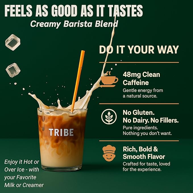 TRIBE Mushroom Coffee with MCT Oil - Creamy Instant Barista Blend for Energy Focus &amp Immune Support 6 Adaptogenic Superfoods - Lion’s Mane Reishi Turkey Tail - 2000mg - 30 Servings Spoon Incl