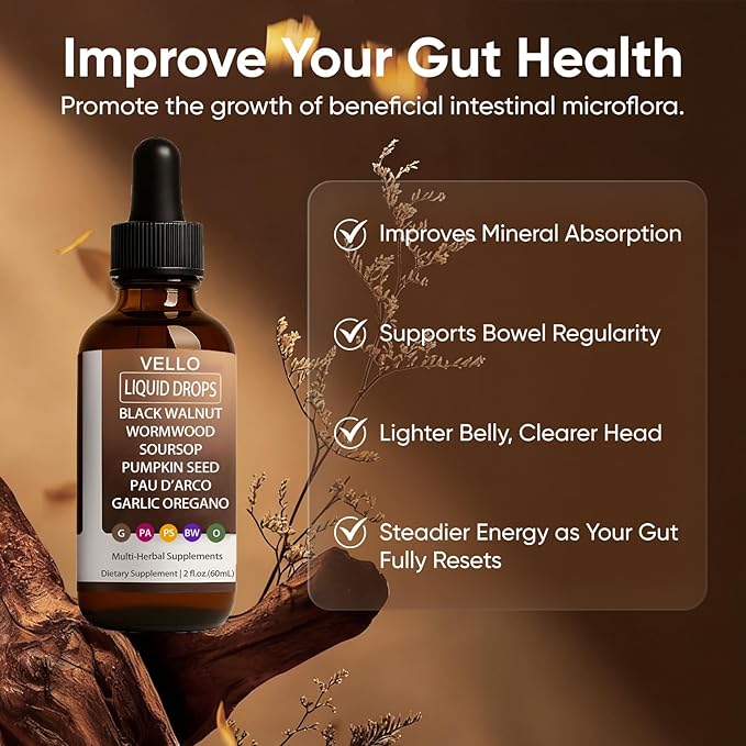 Vello Black Walnut Wormwood Gut Cleanse Wormwood Black Walnut Clove Drops with Garlic Oregano Soursop Pau D'arco Pumpkin Seed Extracts Support Gut &amp Digestion Balance Improve Energy (2)